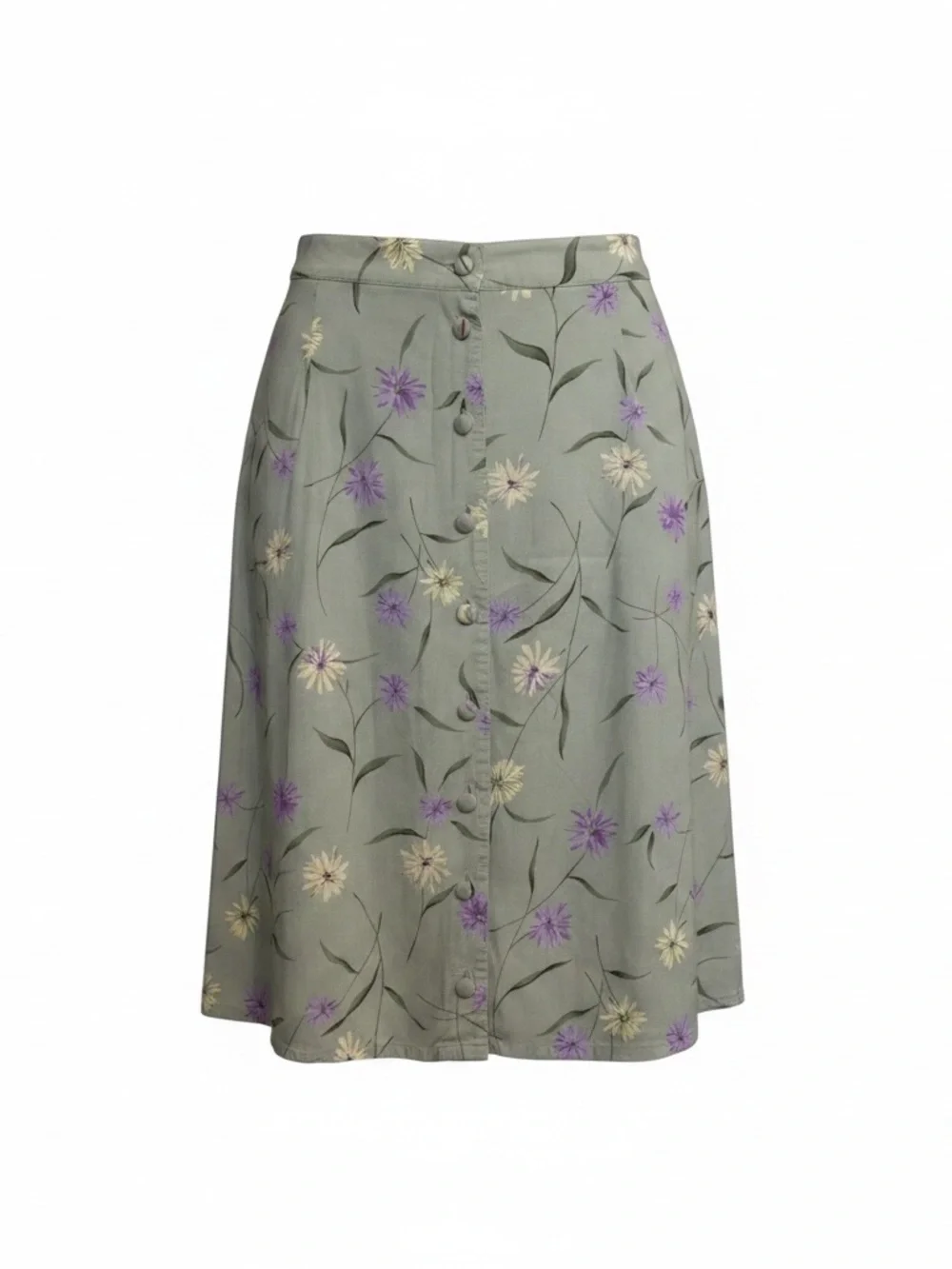 Vintage Floral Button-Front A-Line Skirt — Sage Green